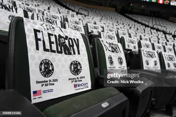 Towel commemorating the 1000th career game and 552nd career win of Marc-Andre Fleury of the Minnesota Wild adorns a seat at Excel Energy Center...