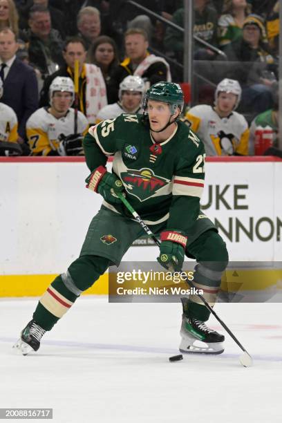 Jonas Brodin of the Minnesota Wild controls the puck against the Pittsburgh Penguins during the first period at Excel Energy Center on February 09,...