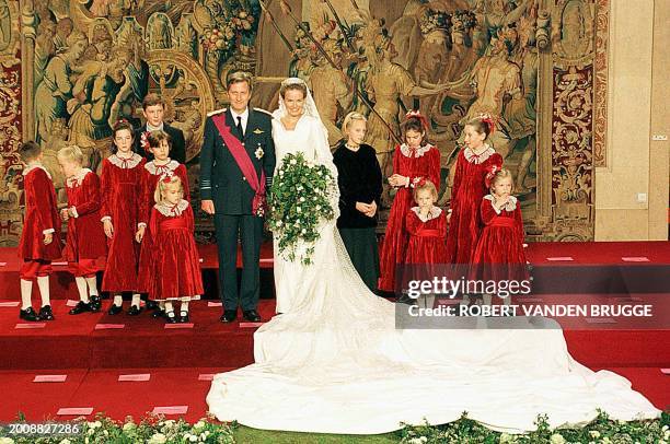 Official wedding picture of Prince Philippe and Princess Mathilde, at the Brussels Royal palace after the wedding ceremony at the St Michel cathedral...