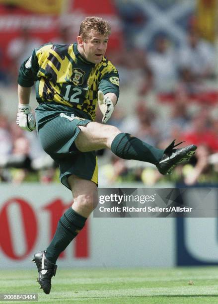 Andy Goram of Scotland kicking during the UEFA Euro 1996 Group A match between Scotland and England at Wembley Stadium on June 15, 1996 in London,...