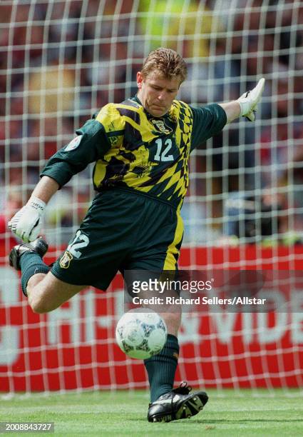 Andy Goram of Scotland kicking during the UEFA Euro 1996 Group A match between Scotland and England at Wembley Stadium on June 15, 1996 in London,...