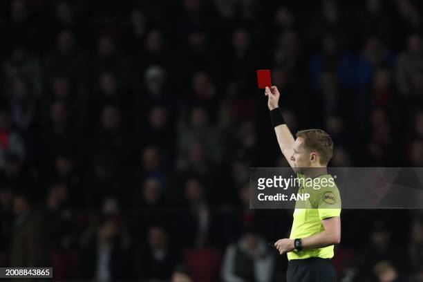 Referee Ingmar Oostrom gives the red card during the Dutch Eredivisie match between PSV Eindhoven and Heracles Almelo at the Phillips stadium on...