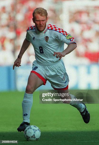 Robert Prosinecki of Croatia on the ball during the UEFA Euro 1996 Group D match between Croatia and Denmark at Hillsborough on June 16, 1996 in...