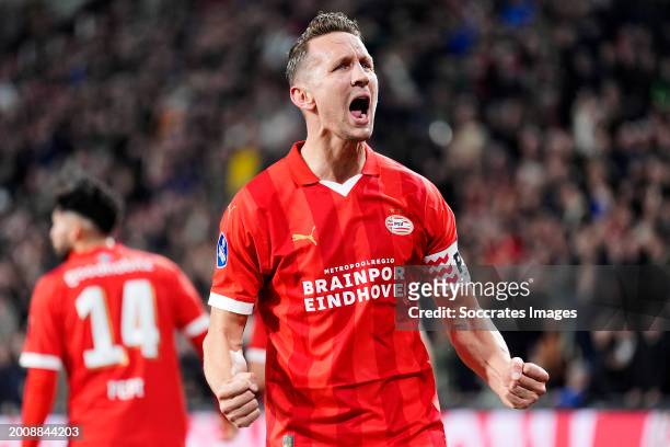 Luuk de Jong of PSV celebrates 1-0 during the Dutch Eredivisie match between PSV v Heracles Almelo at the Philips Stadium on February 16, 2024 in...