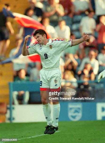 Davor Suker of Croatia celebrates 1st goal during the UEFA Euro 1996 Group D match between Croatia and Denmark at Hillsborough on June 16, 1996 in...