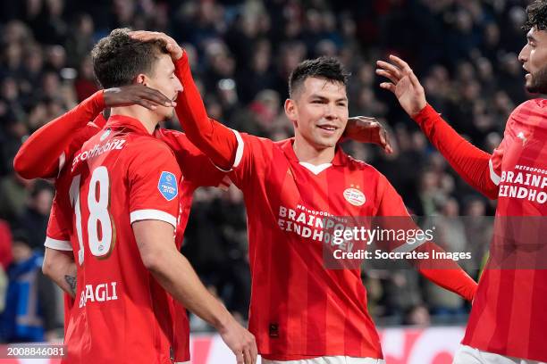 Olivier Boscagli of PSV celebrates 2-0 with Jordan Teze of PSV, Hirving Lozano of PSV, Ricardo Pepi of PSV during the Dutch Eredivisie match between...
