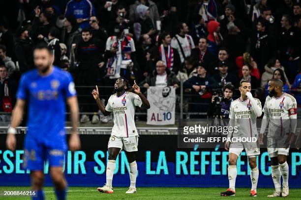 Lyon's Belgian midfielder Orel Mangala celebrates scoring his team's first goal during the French L1 football match between Olympique Lyonnais and...