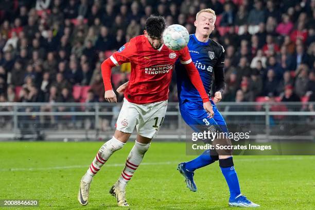 Ricardo Pepi of PSV, Jannes Wieckhoff of Heracles Almelo during the Dutch Eredivisie match between PSV v Heracles Almelo at the Philips Stadium on...