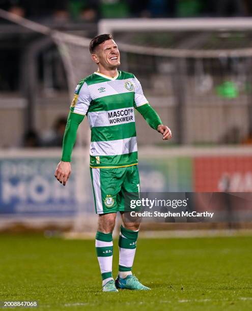 Dublin , Ireland - 16 February 2024; Trevor Clarke of Shamrock Rovers reacts before receiving medical attention during the SSE Airtricity Men's...