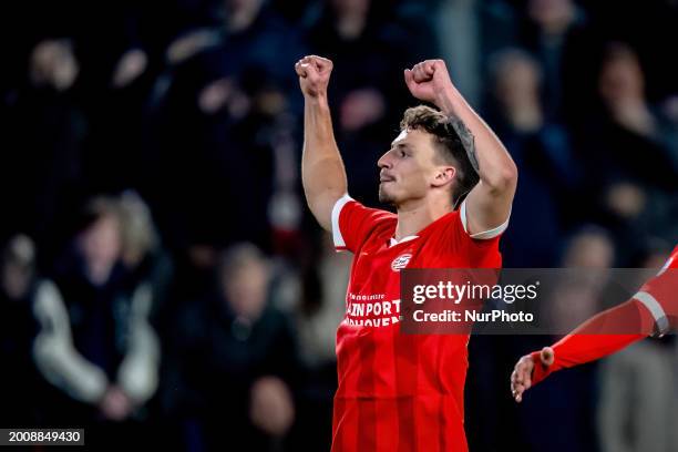 Olivier Boscagli of PSV is celebrating after scoring the second goal, making it 2-0 during the match between PSV and Heracles at the Philips Stadium...