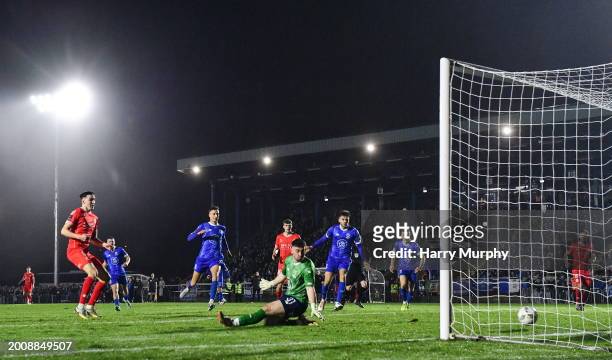 Waterford , Ireland - 16 February 2024; Sean Boyd of Shelbourne shoots to score his side's first goal past Waterford goalkeeper Sam Sargeant during...