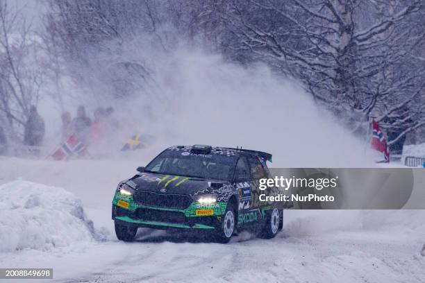 Oliver Solberg and Elliott Edmondson of Team Toksport WRT 2, driving a Skoda Fabia RS Rally2, are facing one of the races during the FIA World Rally...