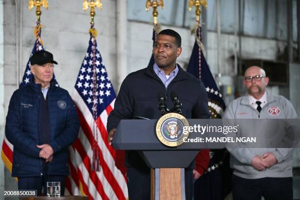 President Joe Biden listens as US Environmental Protection Agency Administrator Michael Regan speaks after Biden received an operational briefing...