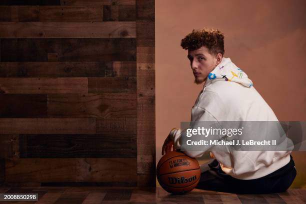 Brandin Podziemski of the Golden State Warriors poses for a portrait during the NBAE Media Circuit Portraits as part of NBA All-Star Weekend on...