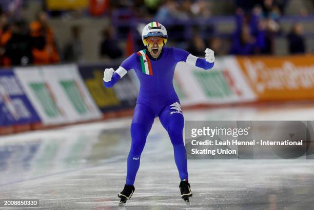 Team Italy's Andrea Giovannini reacts after crossing the finish line in the Men's Team Pursuit during day 2 of the ISU World Single Distances Speed...