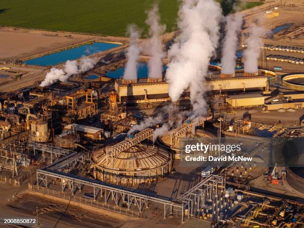 In an aerial view, steam rises from one of Berkshire Hathaway Energy Renewables' Cal Energy geothermal plants on February 14, 2024 near Niland,...