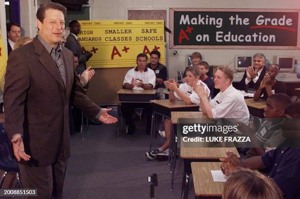 Vice President and Democratic presidential candidate Al Gore and his running mate US Senator Joe Lieberman, D-CT, participate in a classroom...