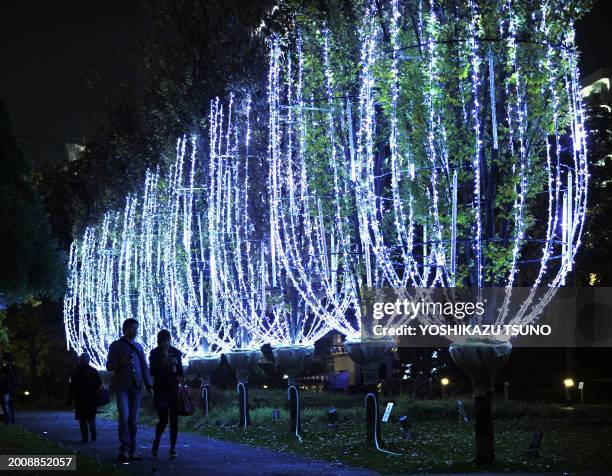 Couple walks under Christmas illuminations at Tokyo Midtown shopping mall in Tokyo on December 7, 2011. Christmas or Christmas Day is an annual...