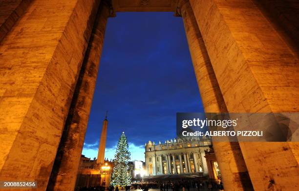 The 2009 Christmas tree dispayed on St Peter's square at The Vatican and adorned with white and gold ornaments, is alighted for the first time on...