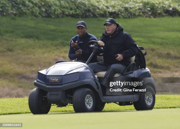 Pacific Palisade, CA Tiger Woods is driven off the course after withdrawing during the second round of the Genesis Invitational golf tournament at...