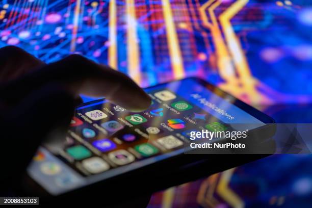 The Bing app icon is being displayed on a smartphone among other AI-powered applications in this photo illustration in Brussels, Belgium, on February...