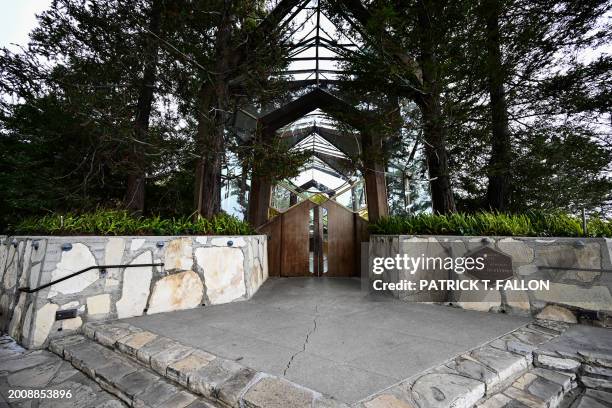 The Wayfarers Chapel in a landslide prone area following its closure due to land movement after heavy rains in Rancho Palos Verdes, California on...