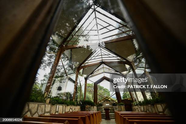 The Wayfarers Chapel in a landslide prone area following its closure due to land movement after heavy rains in Rancho Palos Verdes, California on...