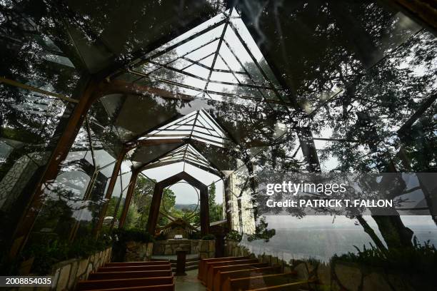 The Wayfarers Chapel in a landslide prone area following its closure due to land movement after heavy rains in Rancho Palos Verdes, California on...