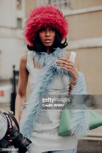 Street style at London RTW Fashion Week on February 16, 2024 in London, England.