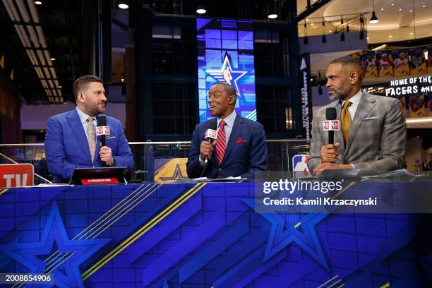 Analysts Jared Greenberg, Isiah Thomas, and Grant Hill look on during the Rising Stars Game as part of NBA All-Star Weekend on Friday, February 16,...