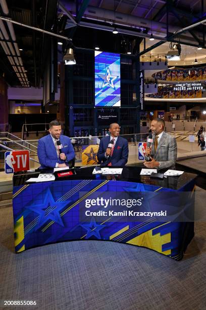 Analysts Jared Greenberg, Isiah Thomas, and Grant Hill look on during the Rising Stars Game as part of NBA All-Star Weekend on Friday, February 16,...