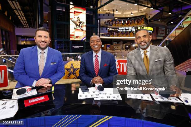 Analysts Jared Greenberg, Isiah Thomas, and Grant Hill look on during the Rising Stars Game as part of NBA All-Star Weekend on Friday, February 16,...