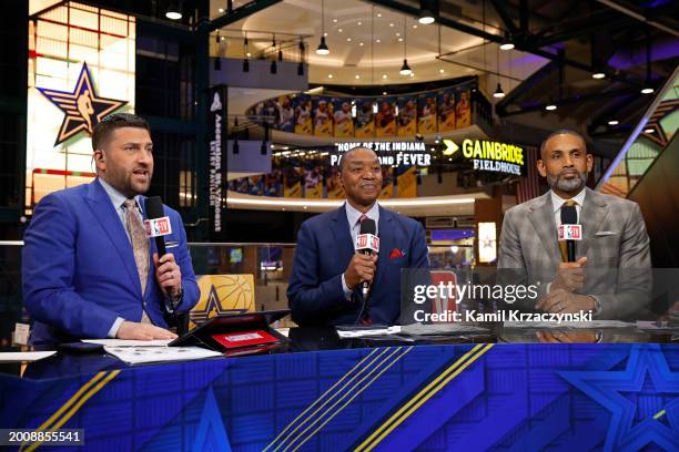 Analysts Jared Greenberg, Isiah Thomas, and Grant Hill look on during the Rising Stars Game as part of NBA All-Star Weekend on Friday, February 16,...