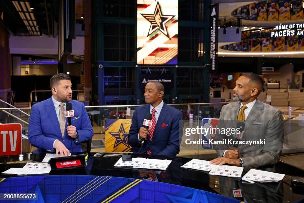 Analysts Jared Greenberg, Isiah Thomas, and Grant Hill look on during the Rising Stars Game as part of NBA All-Star Weekend on Friday, February 16,...