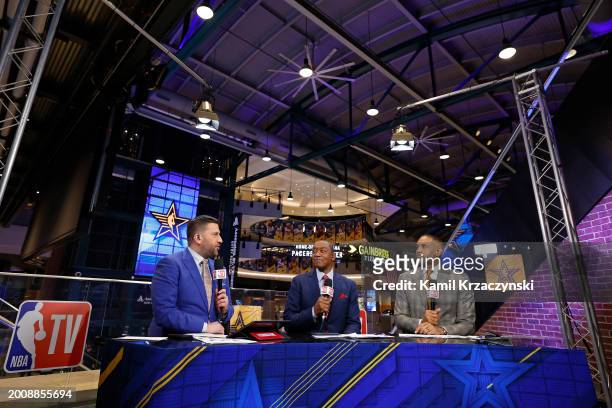Analysts Jared Greenberg, Isiah Thomas, and Grant Hill look on during the Rising Stars Game as part of NBA All-Star Weekend on Friday, February 16,...