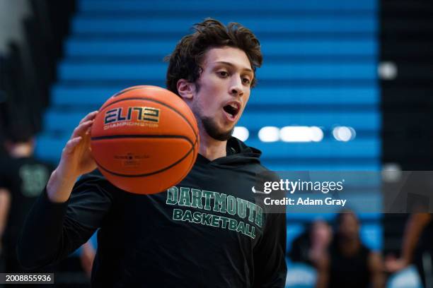 Romeo Myrthil of the Dartmouth Big Green warms up before the game against Columbia Lions in their NCAA men's basketball game on February 16, 2024 in...