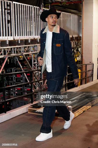 Victor Wembanyama of Team Pau arrives for the Rising Stars Game as part of NBA All-Star Weekend on Friday, February 16, 2024 at Gainbridge Fieldhouse...
