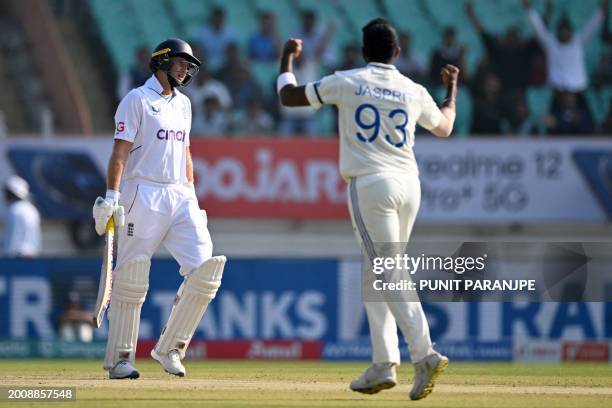 India's Jasprit Bumrah celebrates after the dismissal of England's Joe Root during the third day of the third Test cricket match between India and...