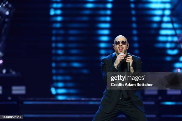 Pitbull performs as part of the Trilogy Tour with Ricky Martin and Enrique Iglesias at Xcel Energy Center on February 16, 2024 in St Paul, Minnesota.