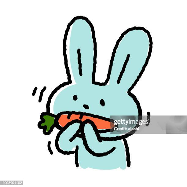 cute rabbit line drawing: eating a carrot - breakfast with view stock illustrations