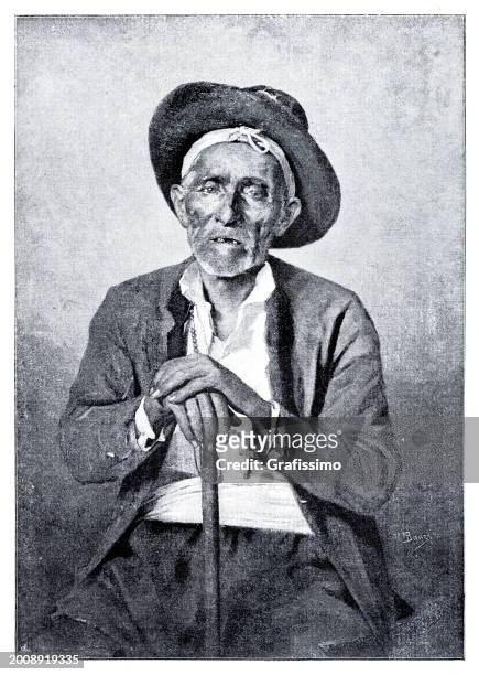 alter älterer mann in spanien porträtstich 1892 - southern european descent stock-grafiken, -clipart, -cartoons und -symbole