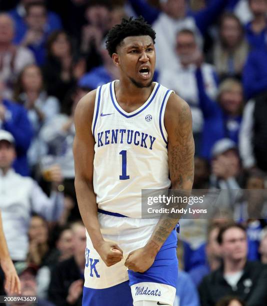 Justin Edwards the Kentucky Wildcats celebrates in the first half against the Gonzaga Bulldogs at Rupp Arena on February 10, 2024 in Lexington,...