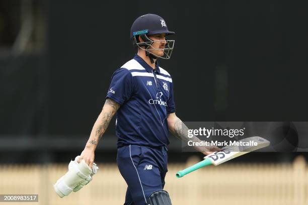 Nic Maddinson of Victoria walks from the field after being dismissed by Ben Dwarshuis of the Blues during the Marsh One Day Cup match between New...