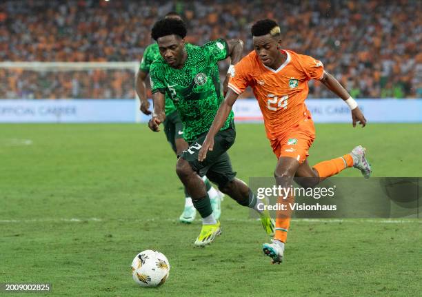 Ola Aina of Nigeria and Simon Adingra of Ivory Coast during the TotalEnergies CAF Africa Cup of Nations final match between Nigeria and Ivory Coast...