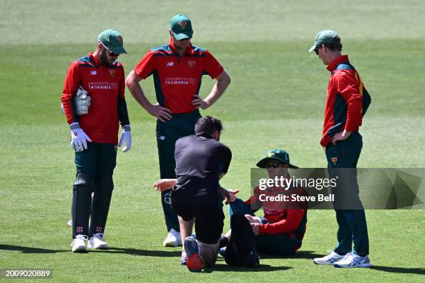 Mac Wright of the Tigers is treated for an injury during the Marsh One Day Cup match between Tasmania and Western Australia at Blundstone Arena, on...