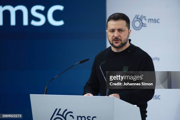 President of Ukraine, Volodymyr Zelenskyy, speaks during the 2024 Munich Security Conference on February 17, 2024 in Munich, Germany. The conference...