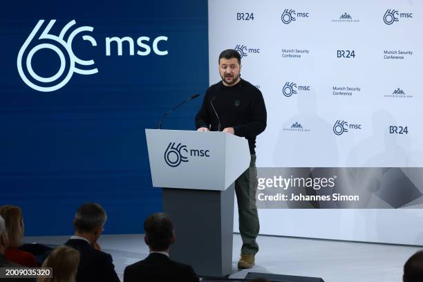 President of Ukraine, Volodymyr Zelenskyy, speaks during the 2024 Munich Security Conference on February 17, 2024 in Munich, Germany. The conference...