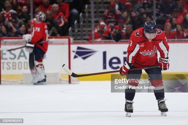 Nick Jensen of the Washington Capitals reacts after the Capitals allowed a goal against the Colorado Avalanche during the second period at Capital...