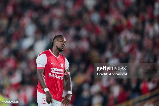 Hugo Rodallega of Independiente Santa Fe reacts after a scoring opportunity during the Liga BetPlay match between Santa Fe and Deportivo Cali at...