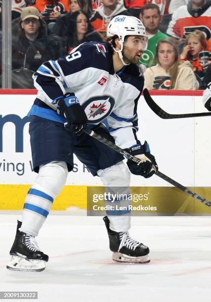 Alex Iafalio of the Winnipeg Jets poised against the Philadelphia Flyers at the Wells Fargo Center on February 8, 2024 in Philadelphia, Pennsylvania.